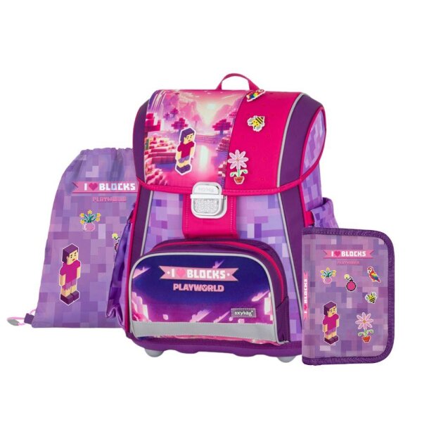oxybag Schultaschenset 3-teilig PREMIUM COOL Playworld Girl Blocks